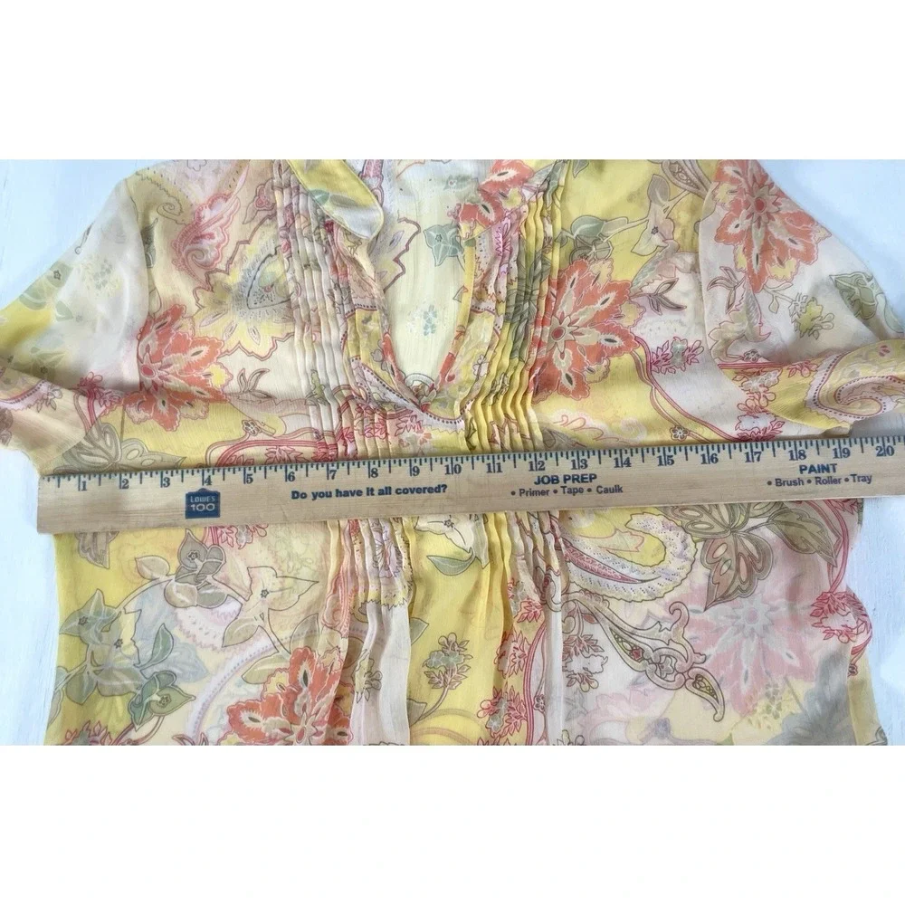 Susan Graver Blouse Popover V-neck Top Size S Yellow Colorful Semi Sheer Floral - Picture 8 of 14